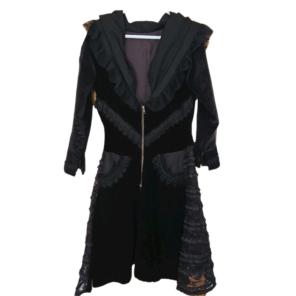 Rave Gothic Steampunk Cloak Velvet Hooded Jacket Black Medium- Tag Removed